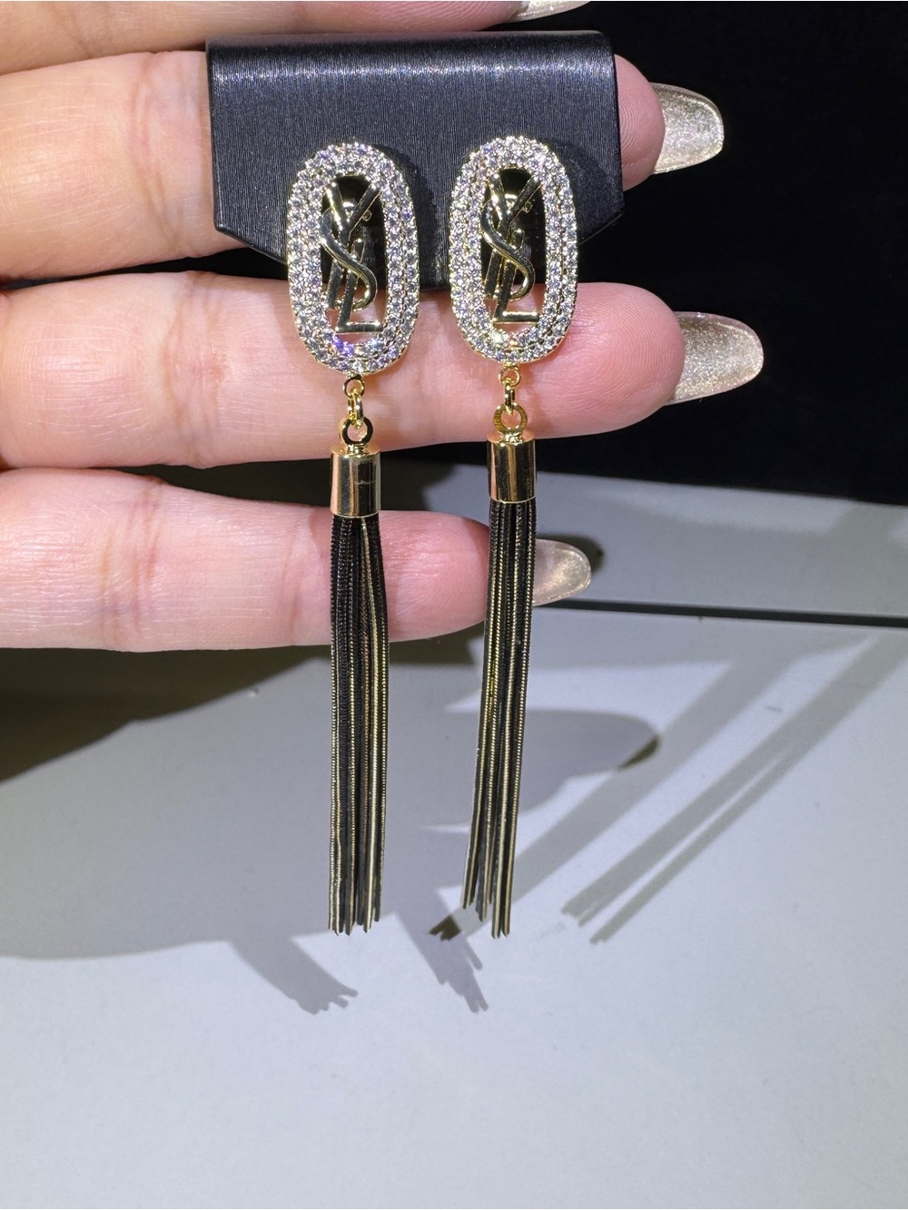 S925 Posts Gold Crystal Logo Tassel Drop Earrings
